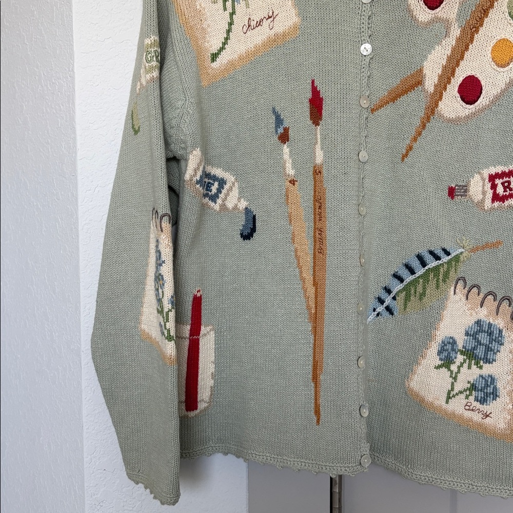 VINTAGE 90S TALBOTS GREEN PAINT ART PAINT THEMED KNIT CARDIGAN SWEATER WOMENS PM - Picture 3 of 6